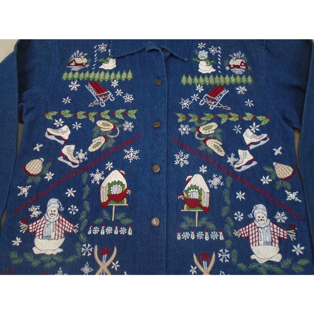 Vintage Casey Coleman Christmas Denima Shacket Button Embroidered Snowman Size M - Picture 2 of 10